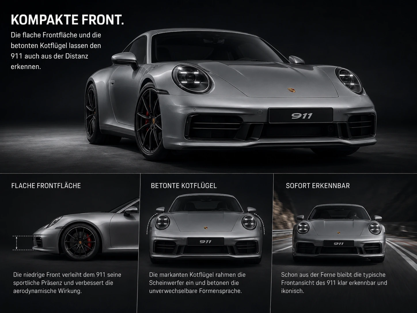Kompakte flache Frontpartie eines Porsche 911