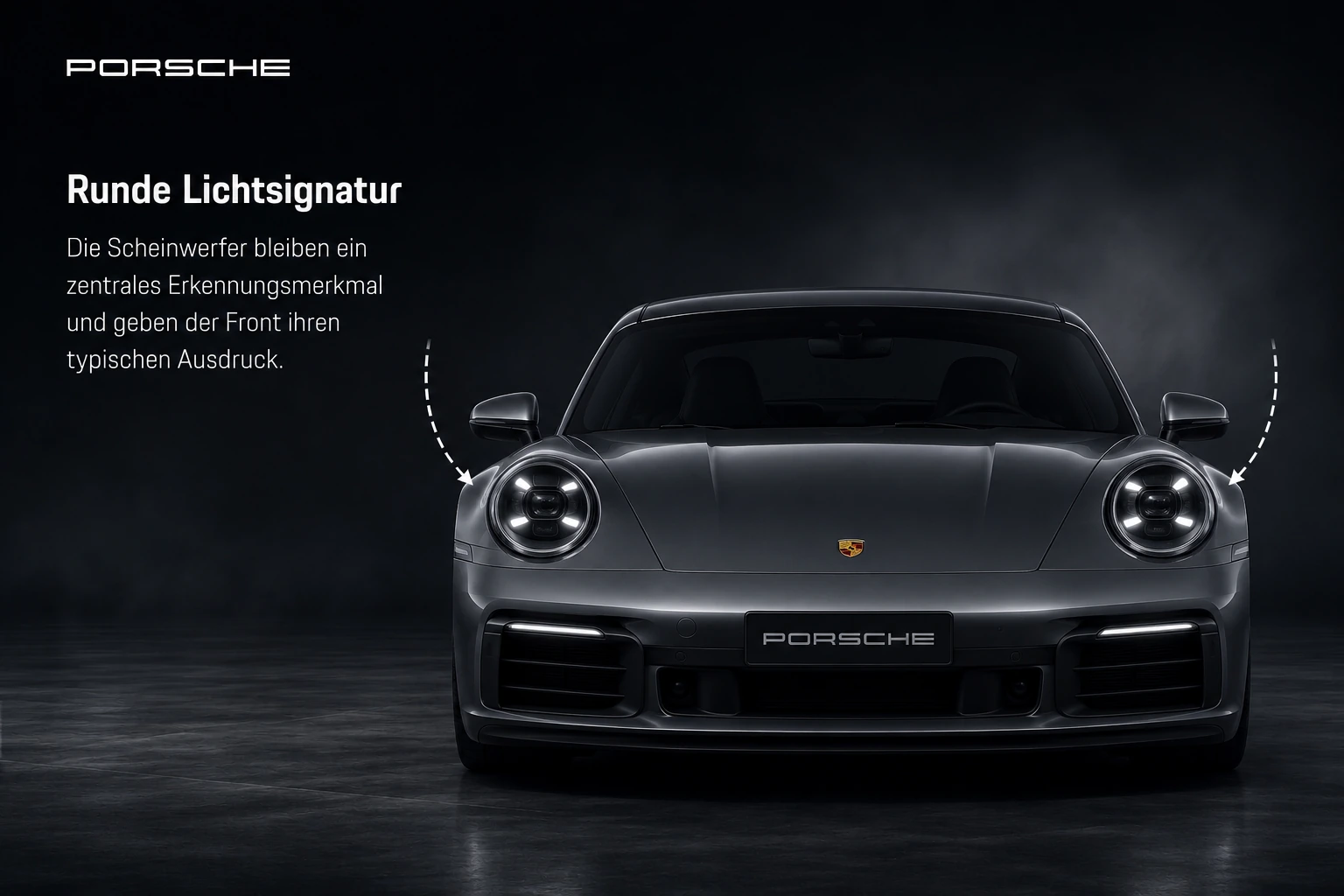 Frontansicht mit typischer runder Lichtsignatur des Porsche 911