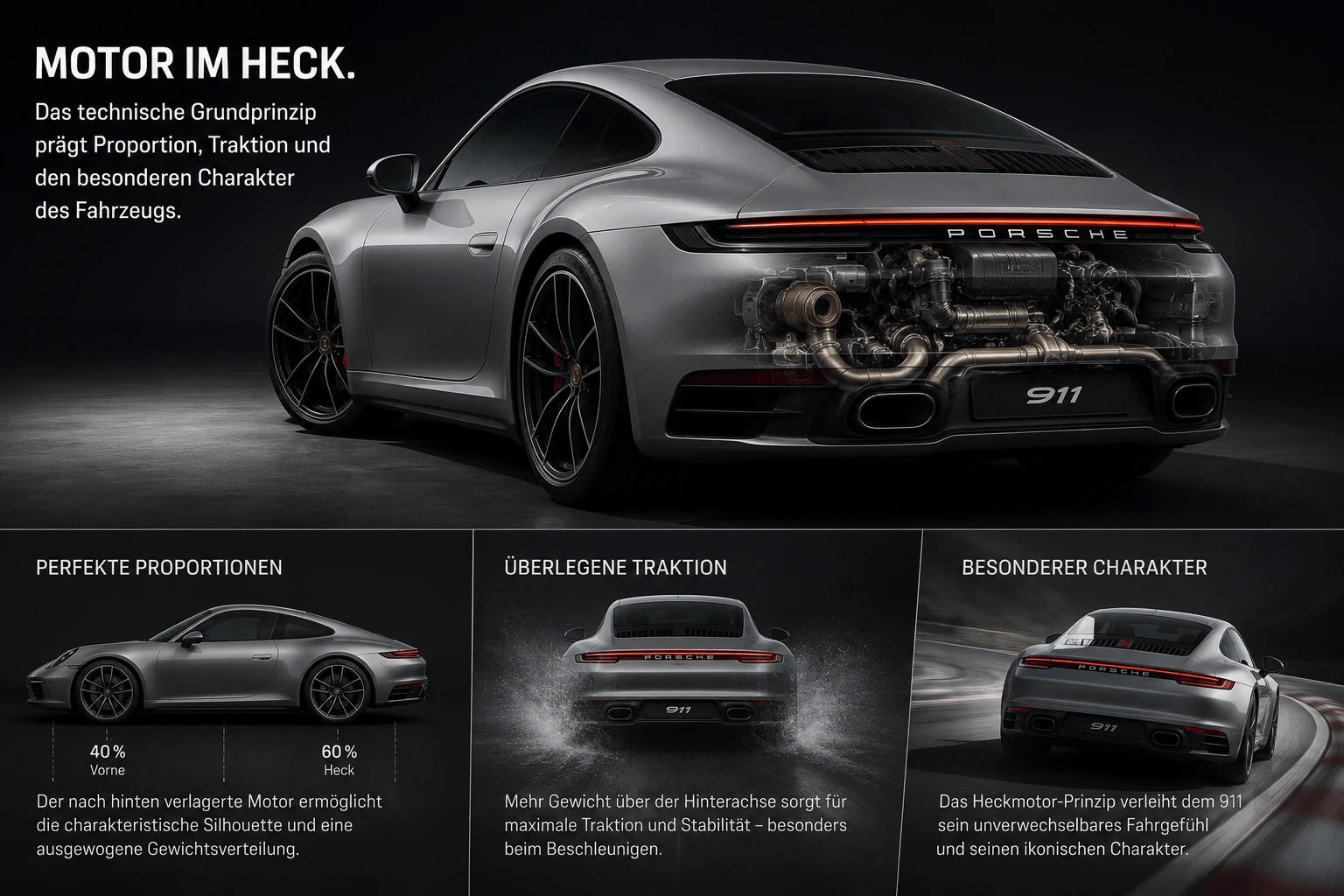 Heckbereich eines Porsche 911 als Hinweis auf das Heckmotor-Konzept