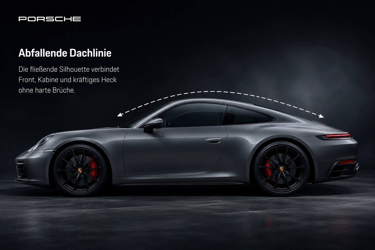 Seitenansicht eines klassischen Porsche 911 mit abfallender Dachlinie