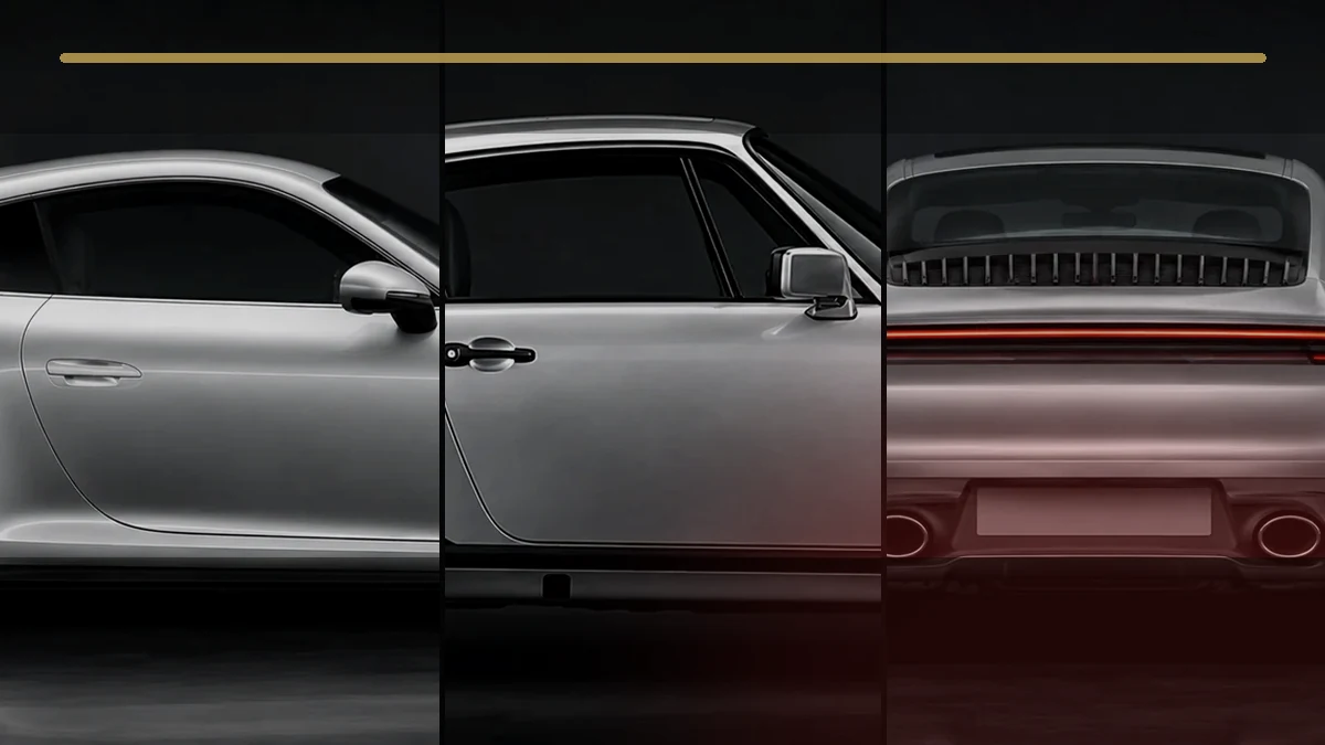 Collage aus klassischen und modernen Porsche-911-Ansichten als Verbindung von Geschichte, Technik und Webdesign