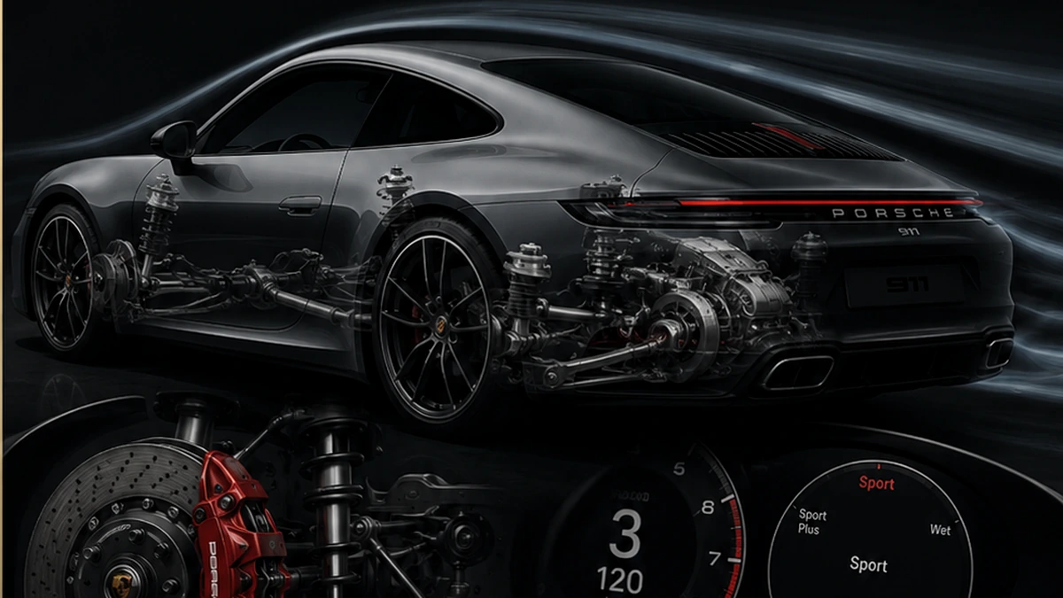 Porsche 911 mit sichtbar dargestelltem Fahrwerk, Bremsanlage, Antrieb und Cockpit