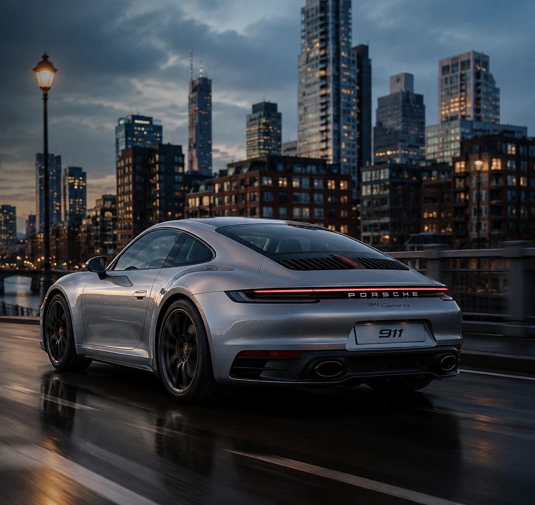 Silberner Porsche 911 Carrera auf einer nassen Stadtstraße bei Abendlicht