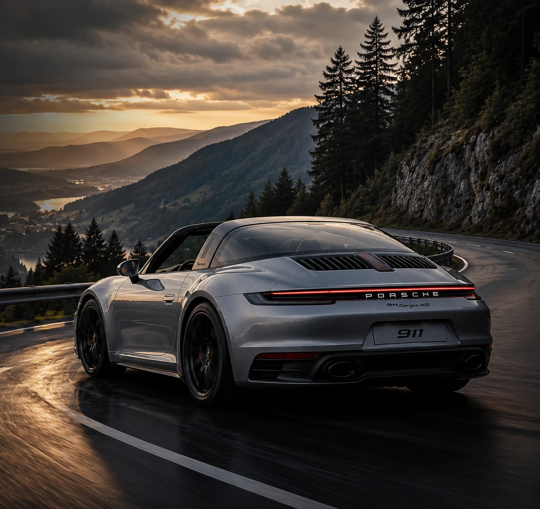 Silberner Porsche 911 Targa auf einer kurvigen Bergstraße bei Sonnenuntergang