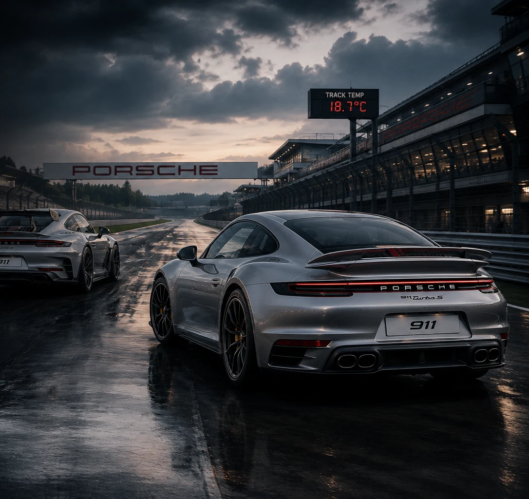 Porsche 911 Turbo und GT auf einer nassen Rennstrecke