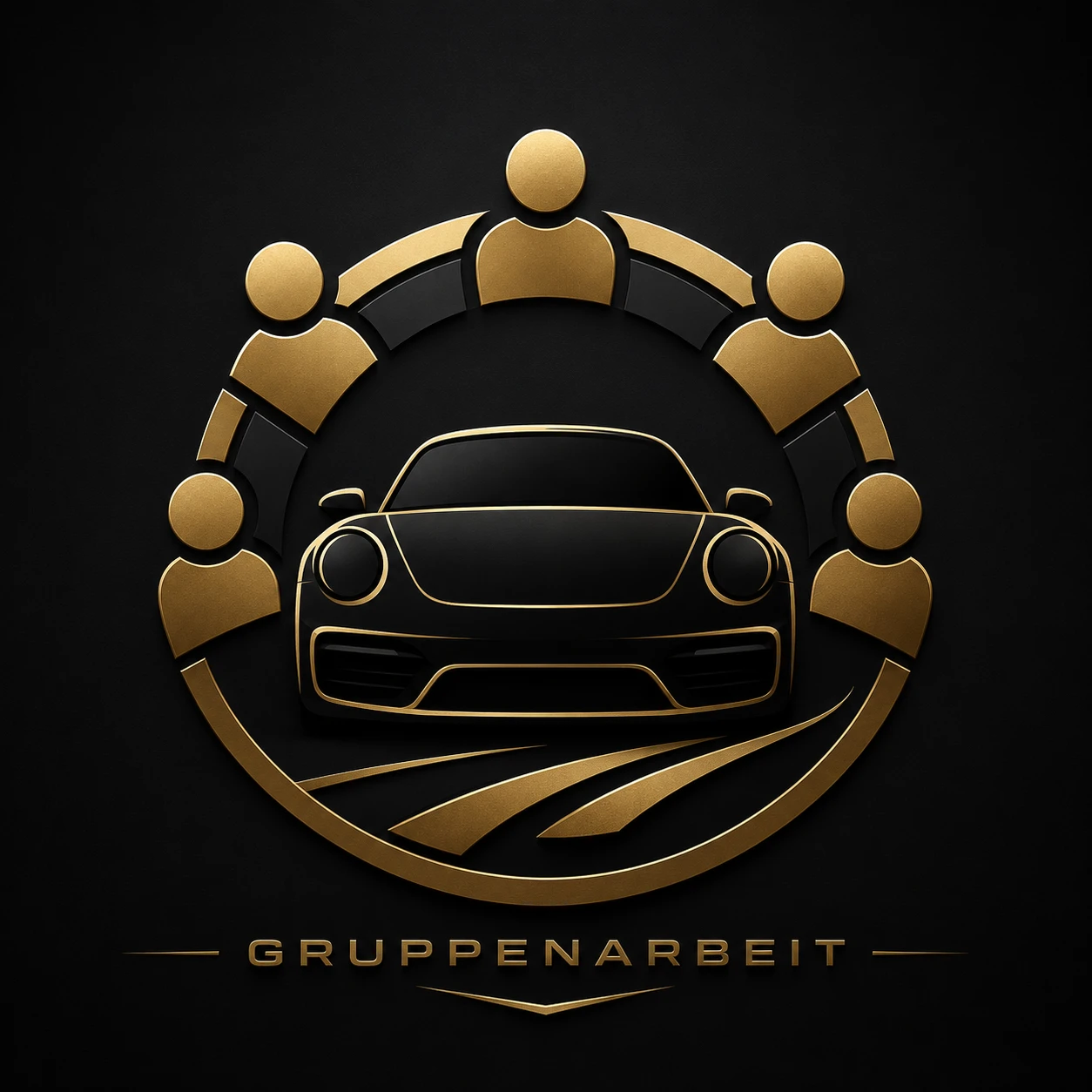 Gruppenarbeit-Emblem: fünf Teammitglieder um einen Porsche 911