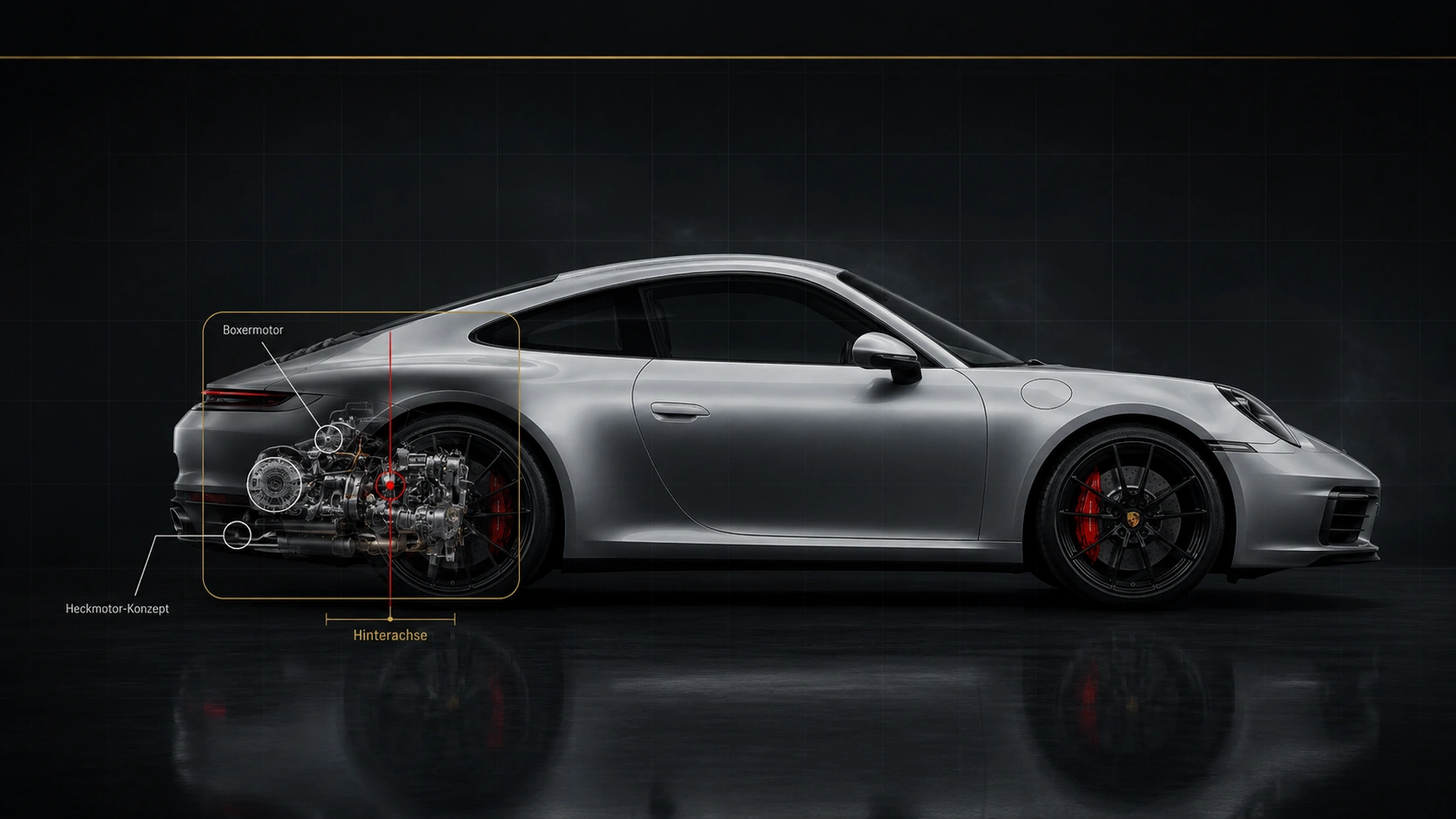 Technische Illustration zum Boxermotor und Antrieb des Porsche 911